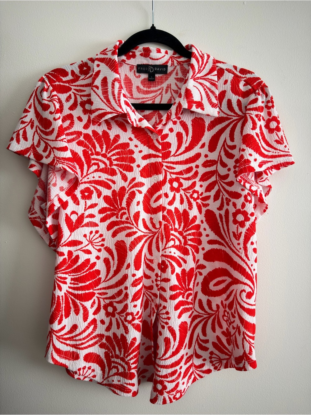 Fred David White Blouse with Bold Red Floral Print